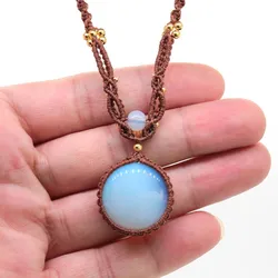 Handmade Thread Rope Wrapped Braided Macrame Adjustable Chain Necklace Round Opalite Opal Stone Pendant Jewelry For Women Men