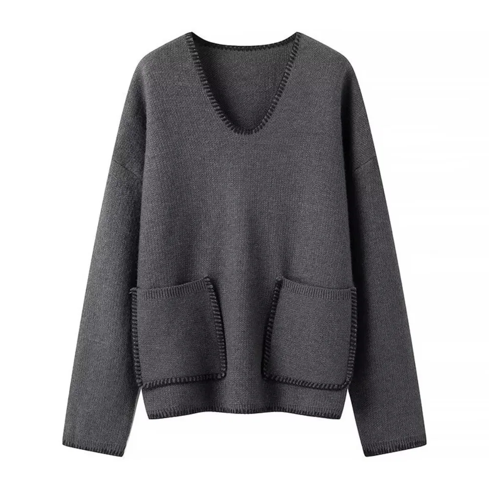 Pockets Drak Grey Sweater Woman Cropped Knitted Sweater Women Autumn Winter V-Neck Pullovers Long Sleeve Warm Knit Top