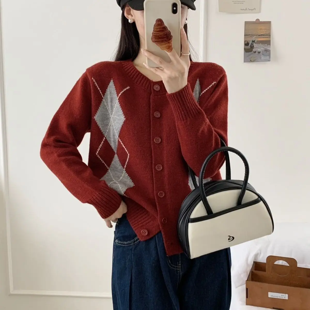 빈티지 다이아몬드 패턴 루즈 니트 스웨터 여성용 신상 라운드 넥 스위트 가디건 탑 리본 디테일 작은 사이즈 편안한 소프트 코트