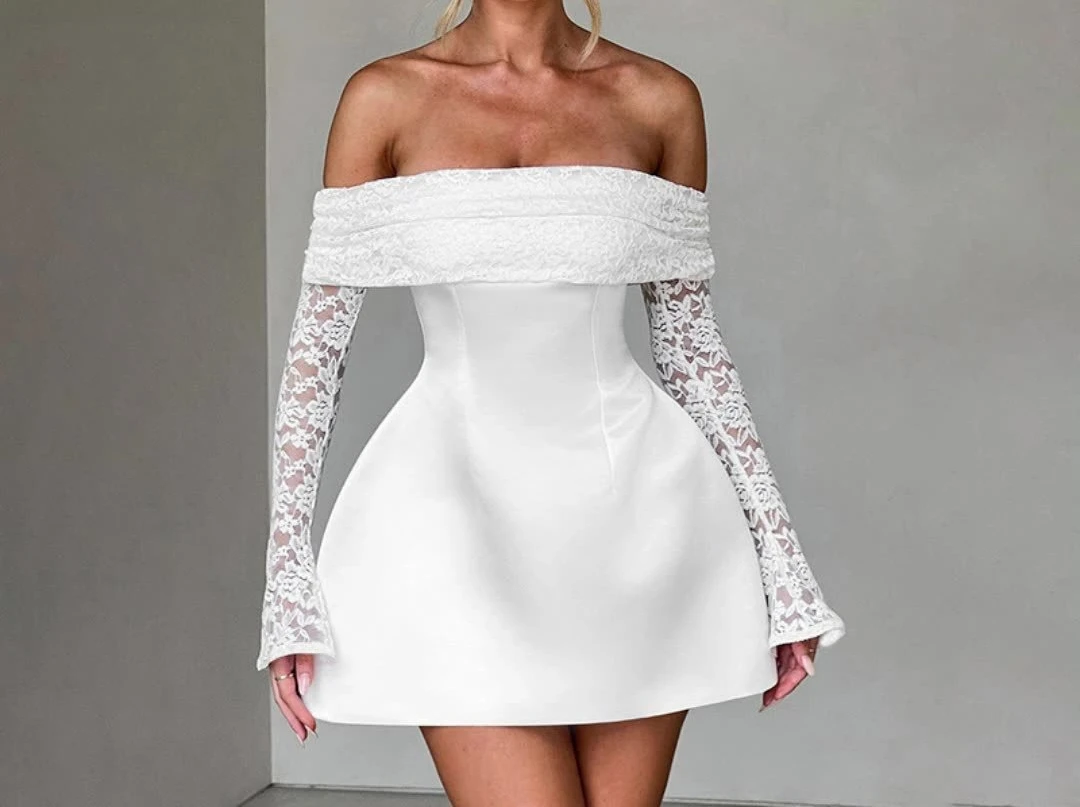 

Mini Dress Women 2025 Autumn Winter Lace Patchwork Waist Wrap A-line Dresses Backless Nightclub Sexy Party Long Sleeves Skirt