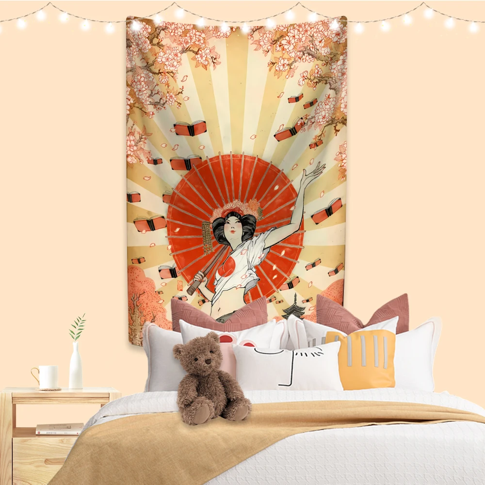 Japanese Art Illustration Tapestry Geisha Girl Printed Anime Room Decor Wall Hanging Dorm Background Cloth Sofa Blanket