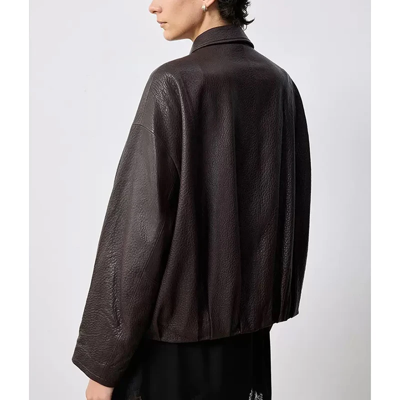 Coffee Leather Jacket Autumn Women Simple Fashion Lapel Zipper Loose Natural Texture Sheepskin Foam Leather Short Coat Jaqueta