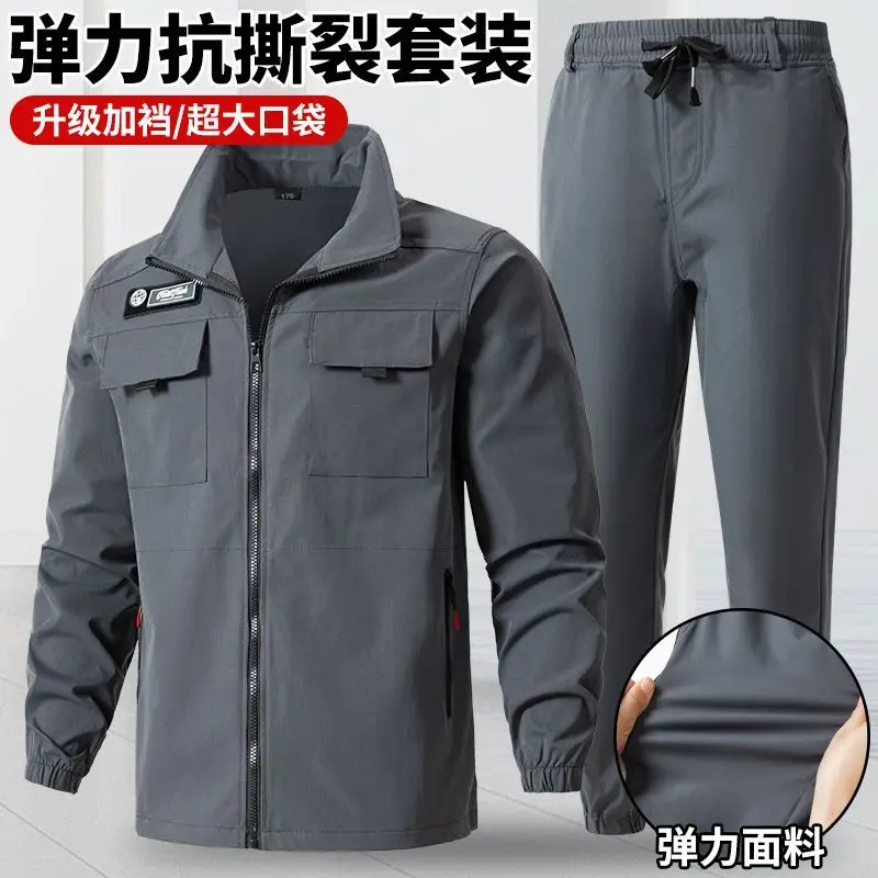 Men Light Gray Stretch Work Jacket Waterproof Wear Resistant Outdoor Construction Auto Repair Multi Pocket Labor Work Coat