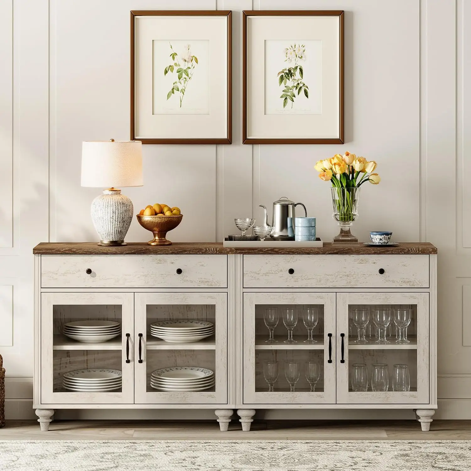 Rustic White Sideboard Cabinet Glass Doors & Storage, Wooden Coffee Bar Vintage Gourd Leg for Dining & Living Room, Customized