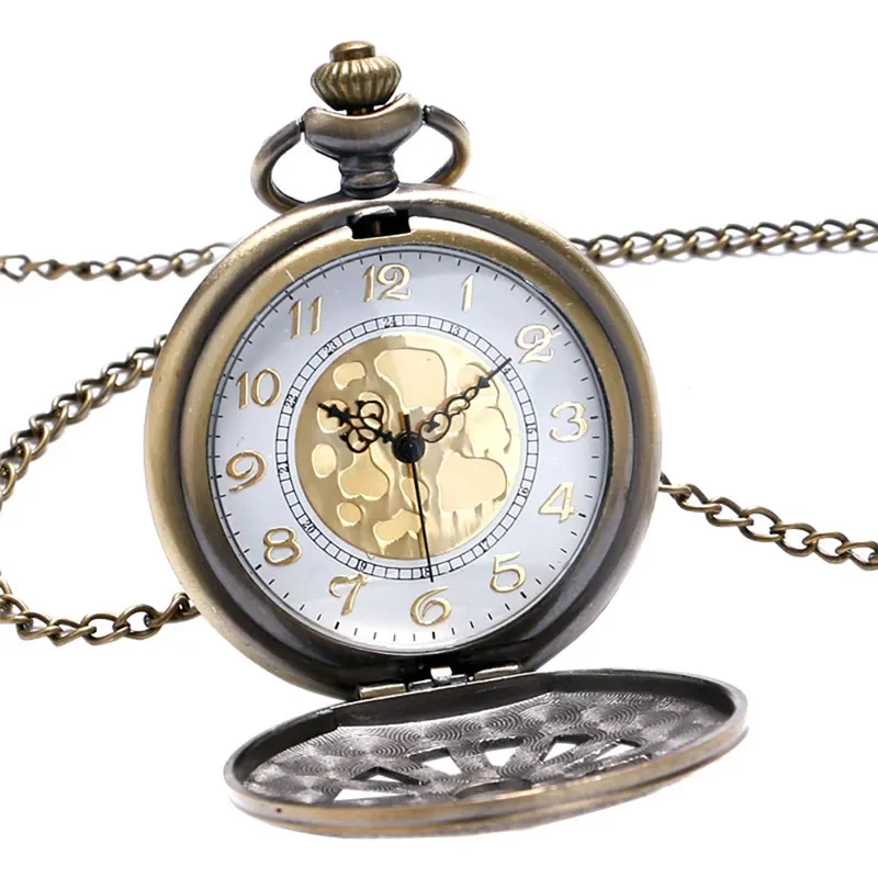 Old Fashion Hollow Out Wheel Cover Unisex Quartz Analog Pocket Watch Necklace Pendant Chain Arabic Numeral Display Clock Gift