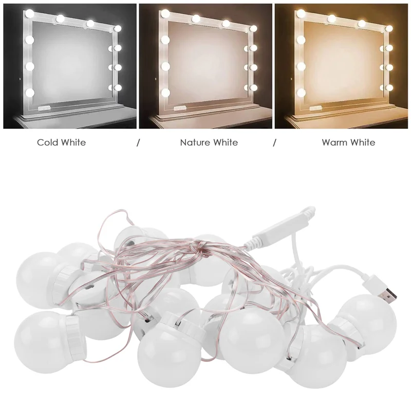 

AA19 3 Modes Colors Makeup Mirror Light LED Touch-Dimming Vanity Dressing Lamp Bulb USB 12V Make Up Mirror Wall Lamp