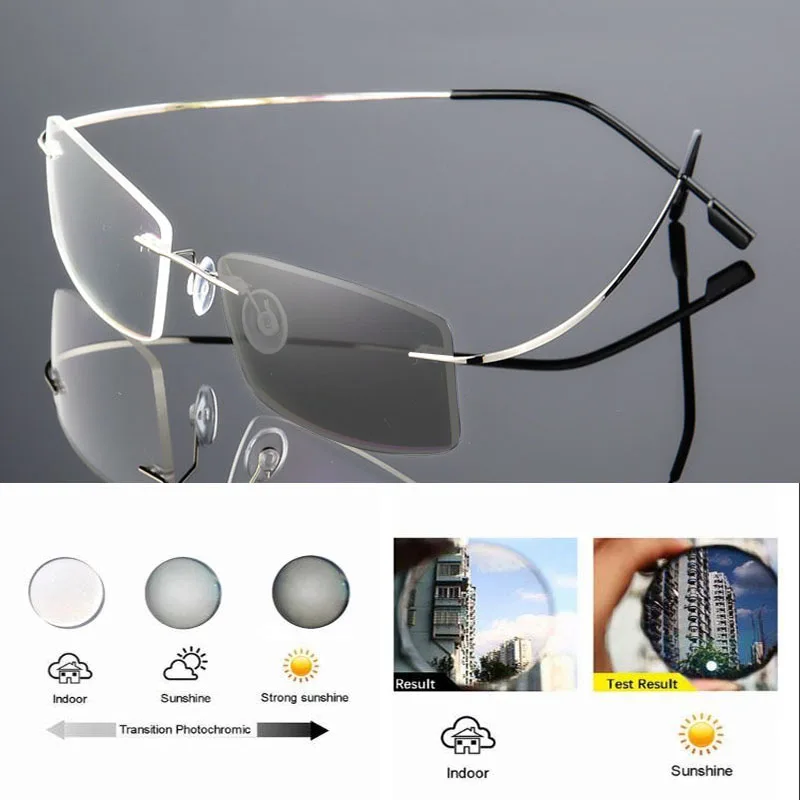 Randlose Ultraleichte Photochrome Myopie‑Brille Männer Titanlegierung Geschäftsbrille grau‑veränderliche Linsen – Detail 15