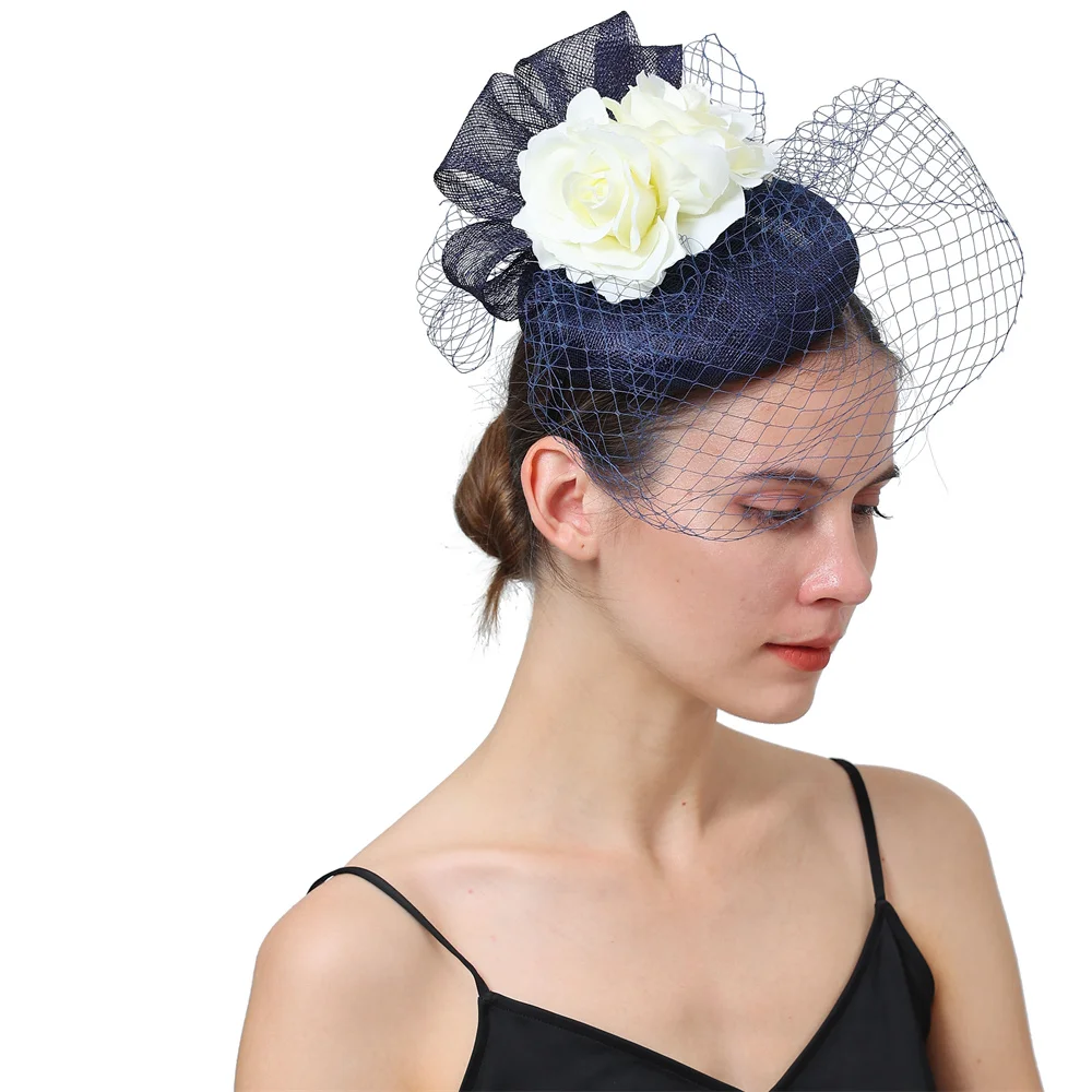 Nice Women Hairpin Headwear Navy Sinamay Wedding Fashion Fascinator Hat Linen Elegant Ladies Party Dinner Hair Accessories