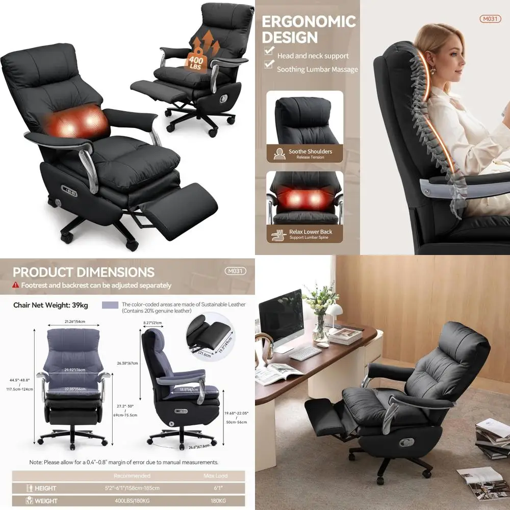 كرسي مكتب كهربائي مريح كبير وطويل القامة مع محرك مزدوج ووظيفة التدليك