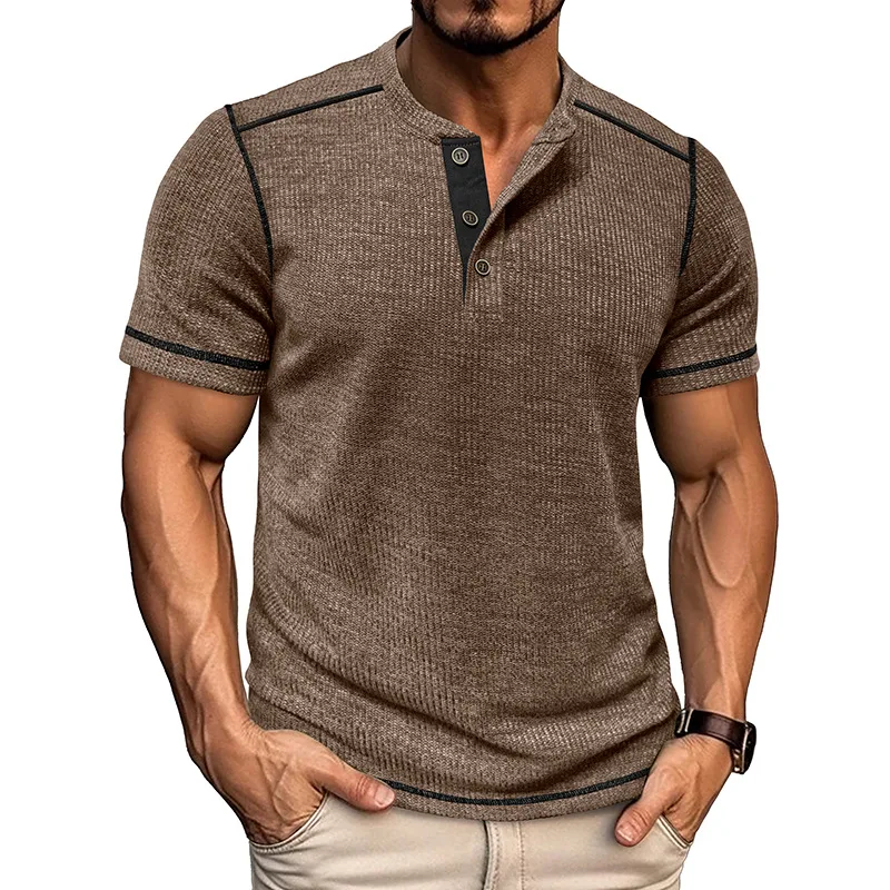 

Men's Summer Short Sleeve Waffle Henley Neck T-Shirt Mens Henley Shirt