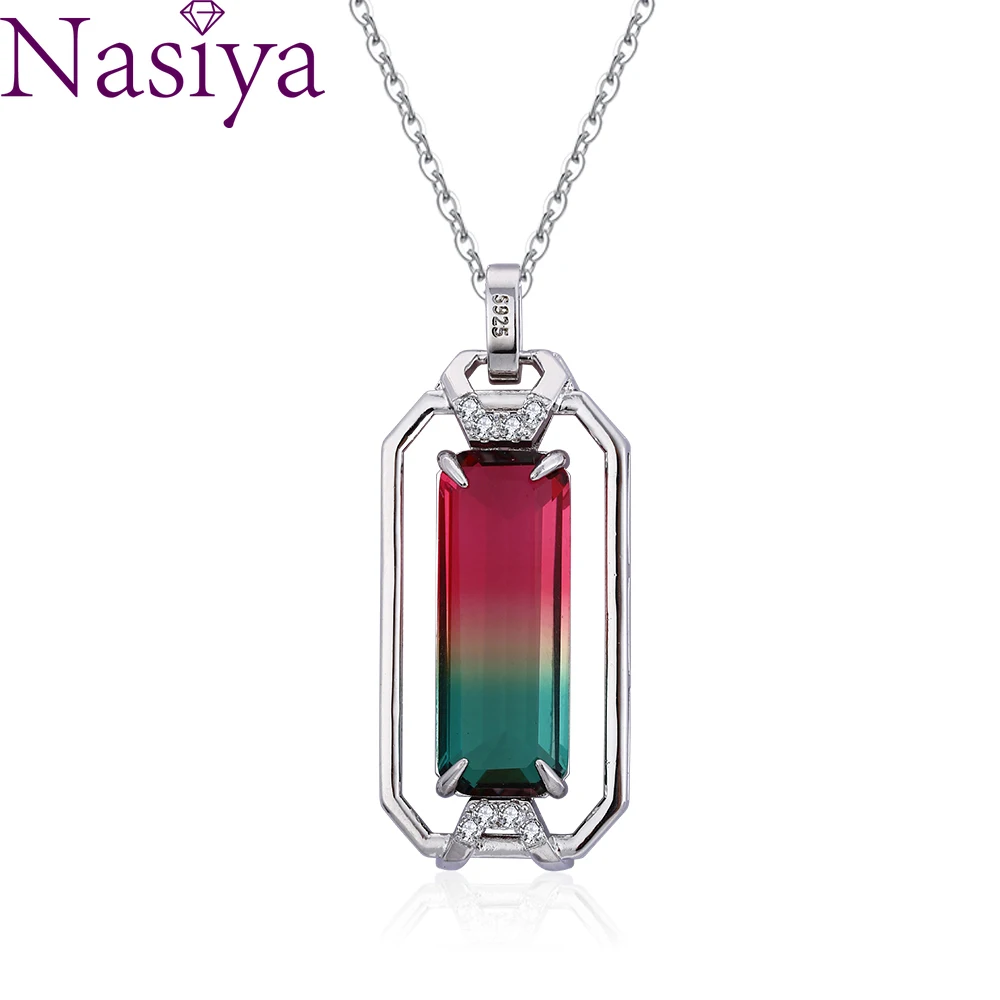 

Silver Pendant Necklace Large Inlaid Empty Rectangular 10*26MM Color Tourmaline Zircon Pendant Necklace Party Gift