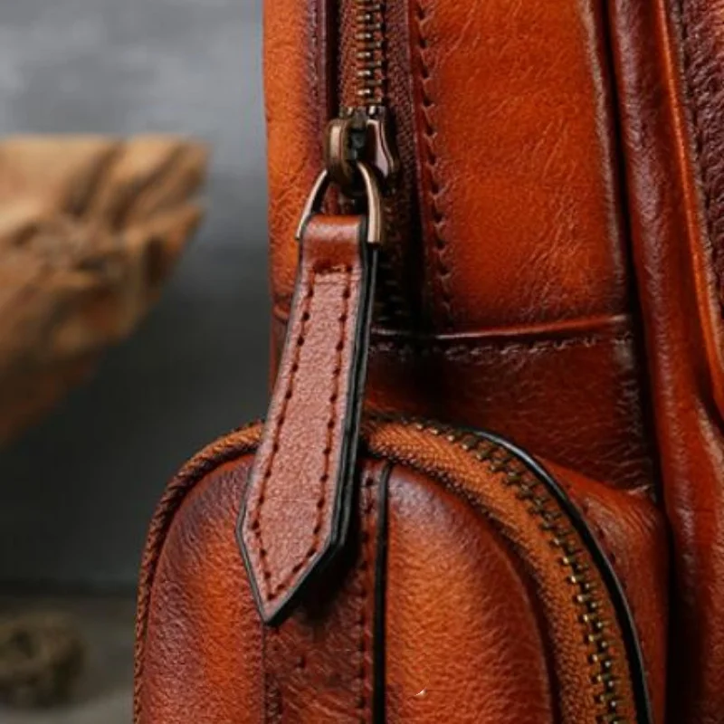 유니섹스 풀 그레인 가죽 빈티지 체스트 팩 단색 레저 여행 출퇴근 가방 기능성 소프트 슬링 백