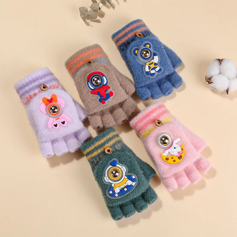 Winter Cute Cartoon Astronaut for Boys and Girls 6-10 Years Old Fashion Children\'s Thick Warm Half-finger Flip Gloves