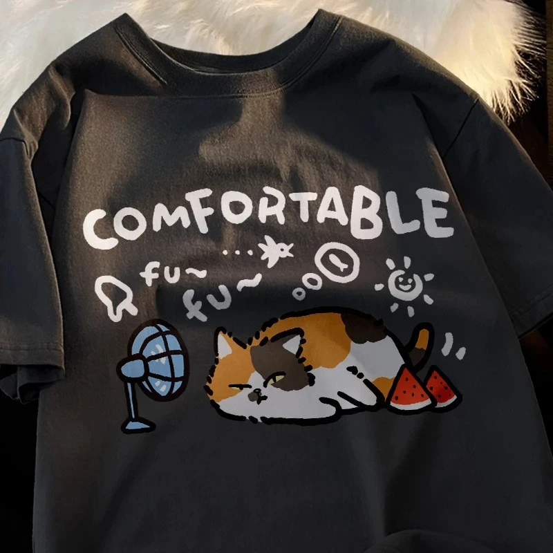 Comfortable Casual Loose Summer Short Sleeved T-shirt Women Cartoon Cat Watermelon Blowing Fan Printed Summer Tshirt Clothing
