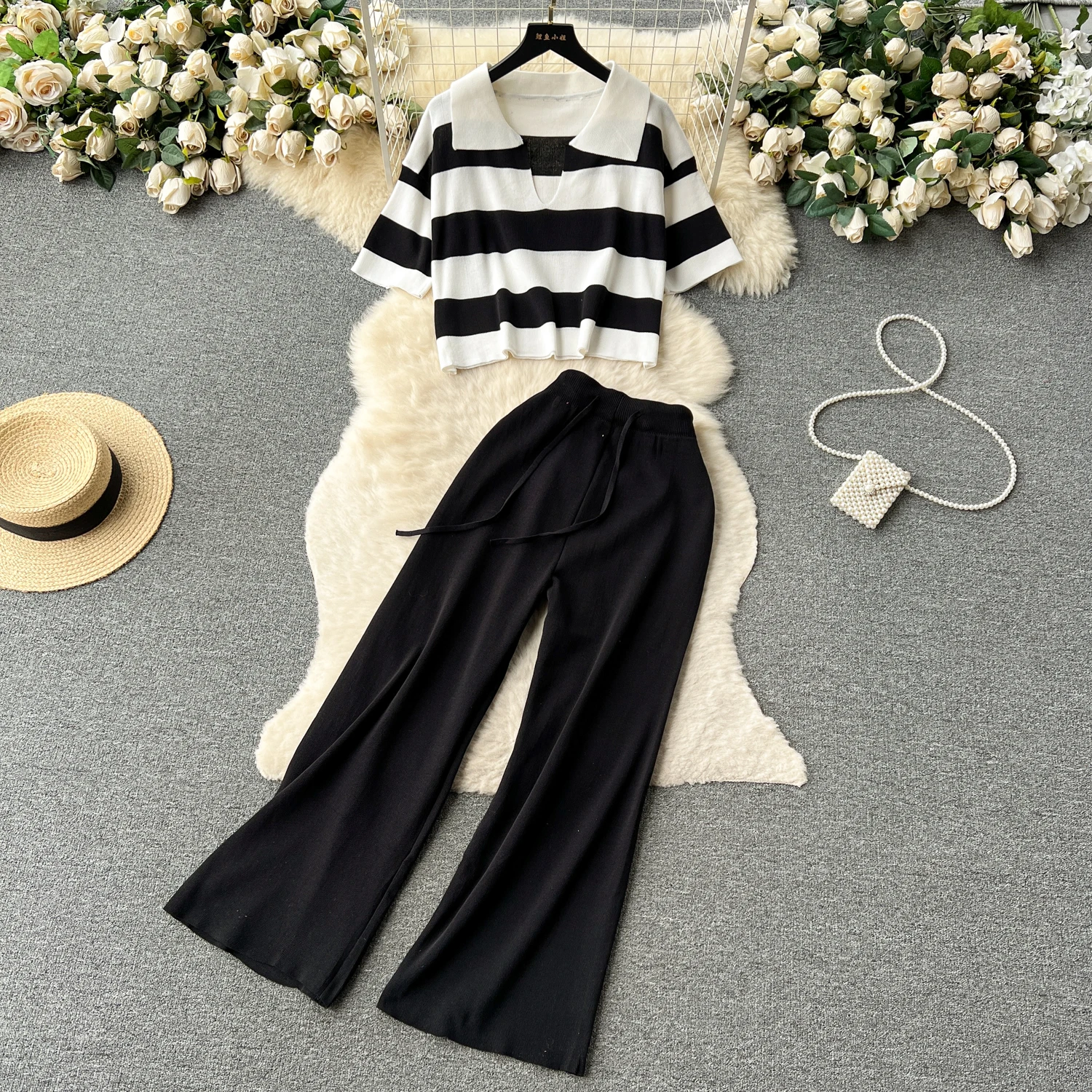 Women Sweater Pant Set Casual Pullovers Suits Autumn Long Sleeve Winter Knitted Loose Striped Elegance Tops Elastic Sweaterpants