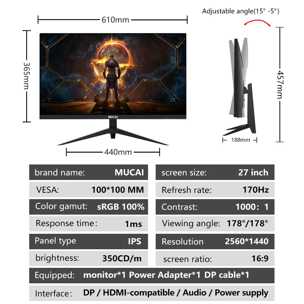 Imagem -03 - Mucai 27 Polegada Monitor 2k 144hz Ips pc Lcd Display Qhd 170hz Desktop Gaming Gamer Computador Tela Plana Tela Hdmi Compatível dp