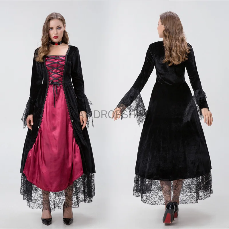 Vestido medieval para mulheres, vestido vintage com capuz, traje adulto, retrô, cosplay, dia das bruxas, assustador, vampiro, bruxa, vestido longo