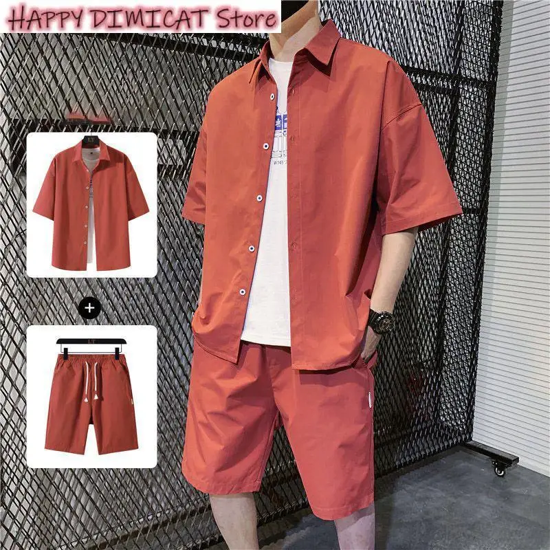 

Men's Ice Silk Sports Set, Short Sleeve Shirt, Light Mature Style, Korean Casual, Simple, Summer