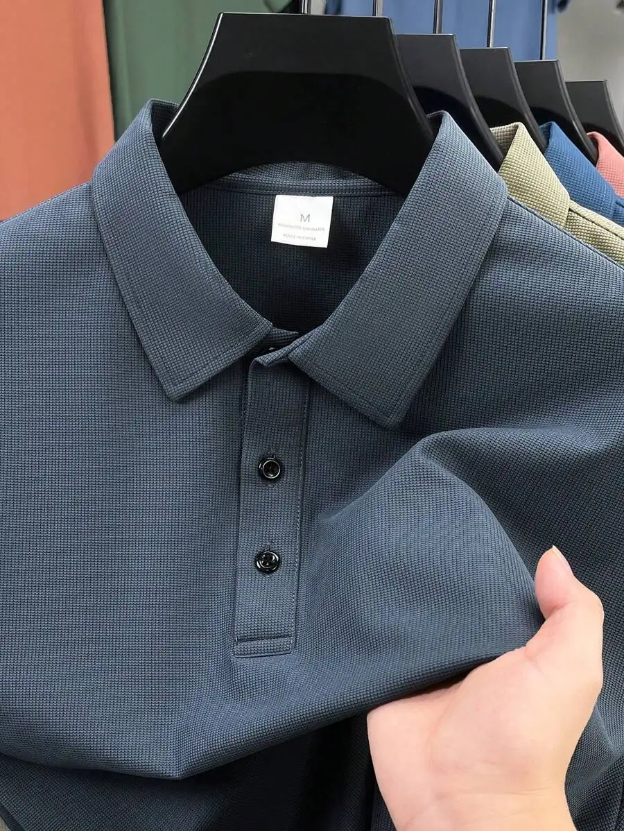 

Men's Solid Color Waffle Knit Short Sleeve Polo Shirt, Casual Lightweight