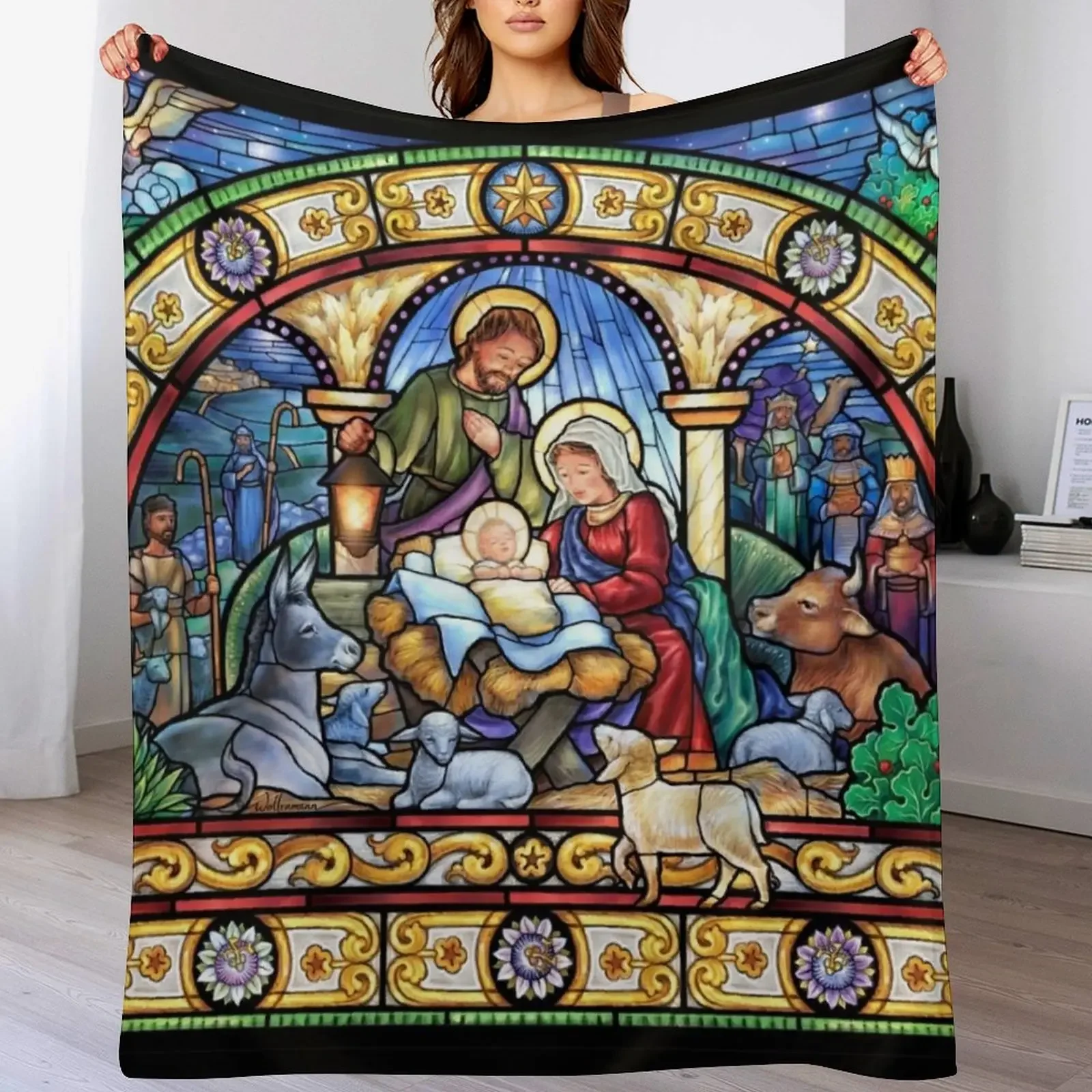 

Stained Glass Nativity Throw Blanket Quilt Hairy Luxury Thicken Shaggy Blankets
