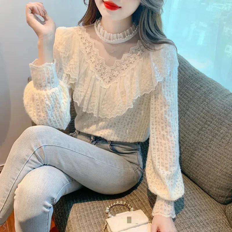 

Thickened Long Sleeve Stand Collar Lace Shirt Women's Autumn Winter New Style Flocking Lace Top Sleeve Princess Style TT821