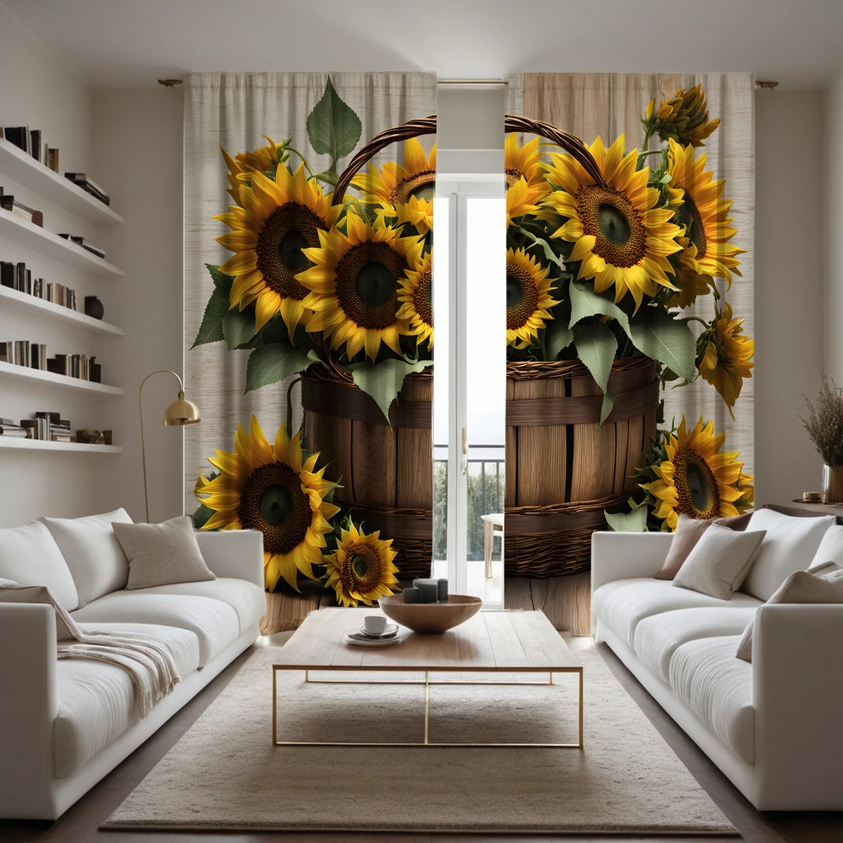 Cesta HD con flores de girasol, cortina decorativa amarilla con estampado digital, decoración del hogar, estilo, 2 piezas