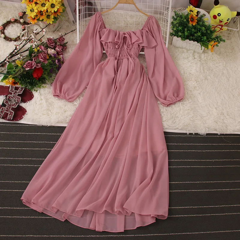 

Весенне-осеннее женское элегантное шифоновое платье с большим подолом, пышное пляжное платье для отдыха на море, женское длинное платье с завышенной талией и бантом