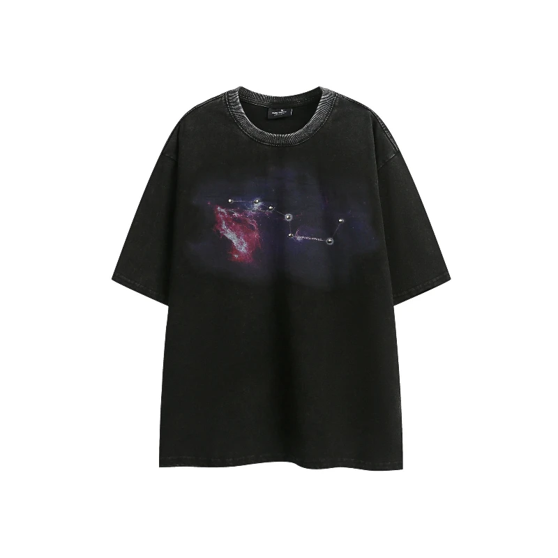 

2025 New Mens T-shirts Y2k Streetwear Washed Distressed Black Printed Tops Tees Summer Casual O-neck Short Sleeve T Shirts Male