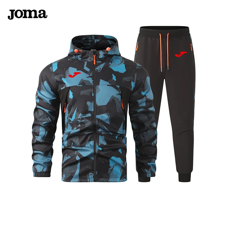 Joma Men nuevo otoño e invierno sudadera con capucha de manga larga con cremallera y múltiples bolsillos + pantalones deportivos y de ocio traje para correr fitness de dos piezas