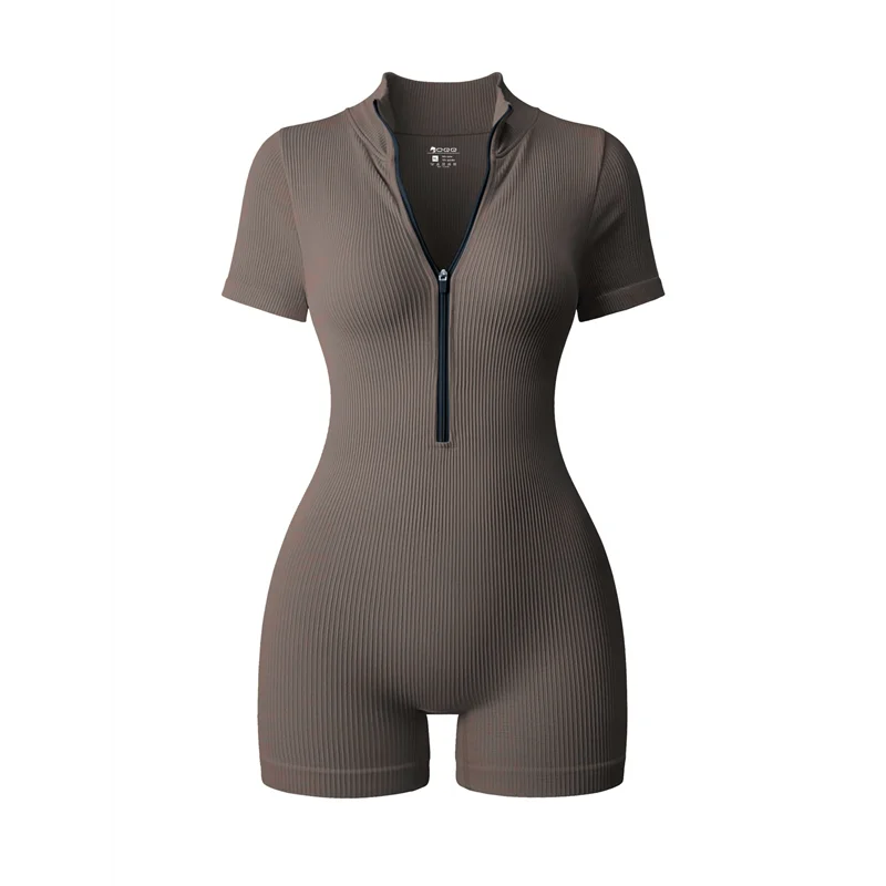 

Women Rompers Ribbed Short Sleeve Zip Front Stretch Tummy Control Yoga Workout Rompers-A55G
