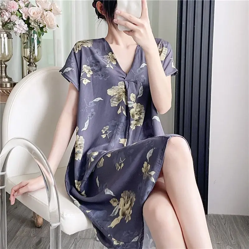 Women's Summer New Short-sleeved Cartoon Printed Pajamas Korean Version Large Size Loose  Loungewear Cotton and Silk Nightgown