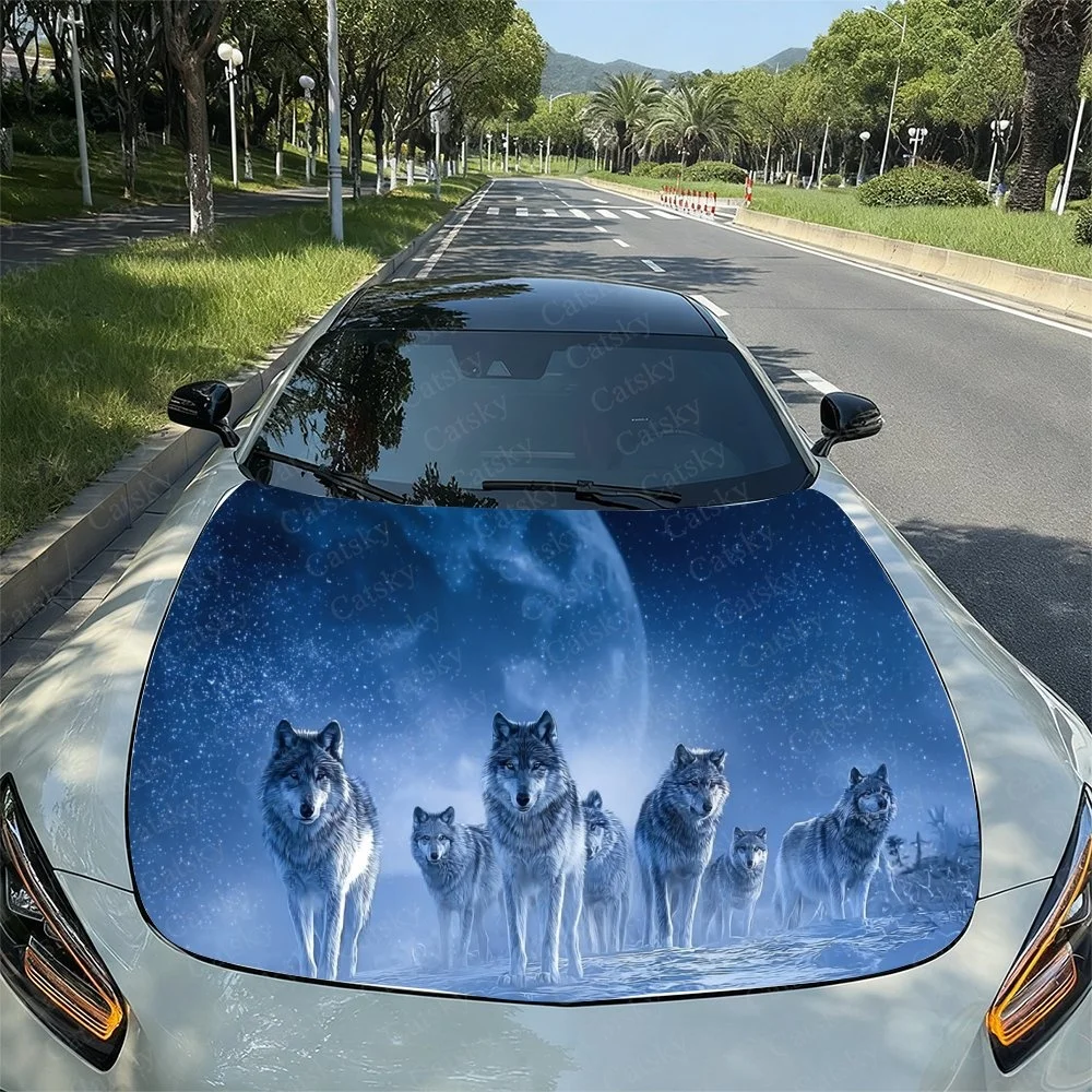 

Snow Wolf Pack Car Hood Sticker PVC Self Waterproof Stick, Striking Auto Exterior Accessories Decor Protect Gift for Car Lover