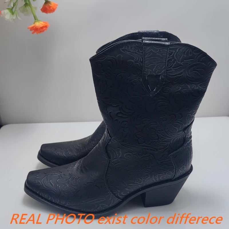 

SIMLOVEYO Women's Mid-Calf Boots Pointed Toe 6cm Block Heels Slip-On Leisure Fashion Bota Hot Sale Big Sizes 44-46