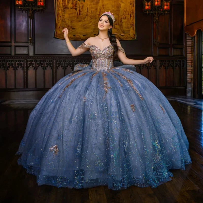 

Navy Blue Shiny Quinceanera Dresses Off The Shoulder Sequin Applique Lace Beading Crystal Bow Party Birthday Sweet 16 Dress Vest