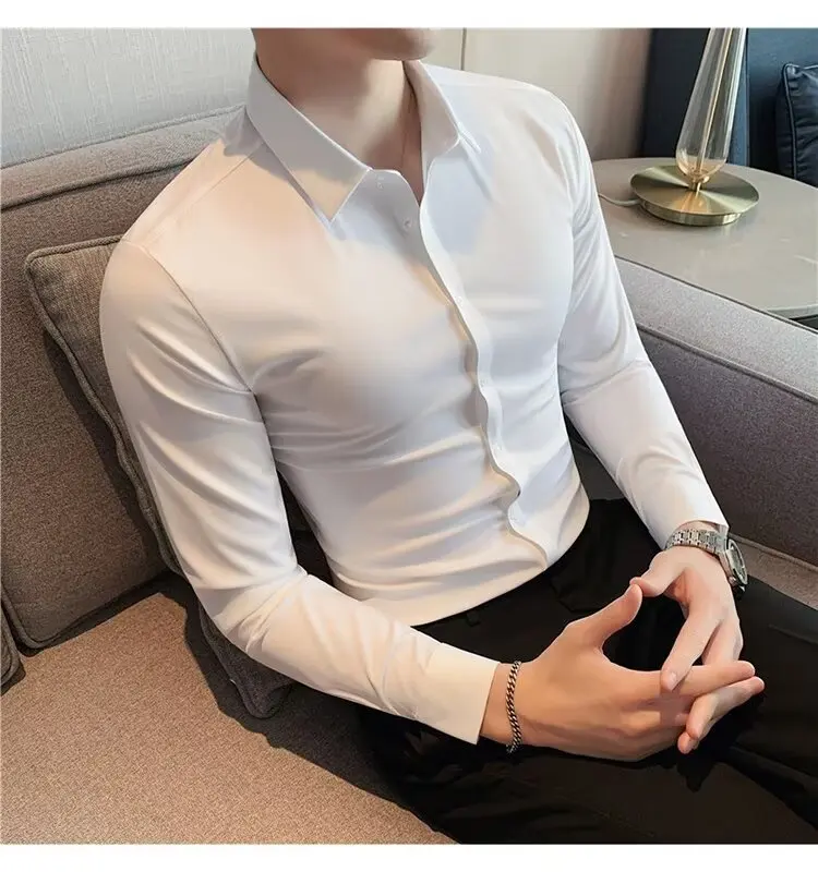 Seamless for Men No Ironing Four-sided High-elasticity Adhesive Nylon Laser Cutting Business Casual Men Foreign Trade Shirt