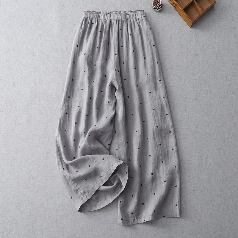 

SuperAen Women's Spring and Summer 2025 New Elastic Waist Literary Wide-leg Pants Polka-dot Cotton and Linen Straight Pants
