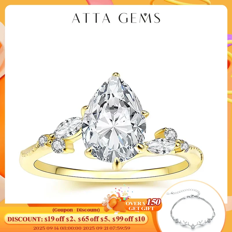 

ATTAGEMS 2CT Full Moissanite Rings DVVS1 Pear Cut Pure 10K 14K 18K Gold for Women Luxury Engagement Wedding Jewelry High Quality