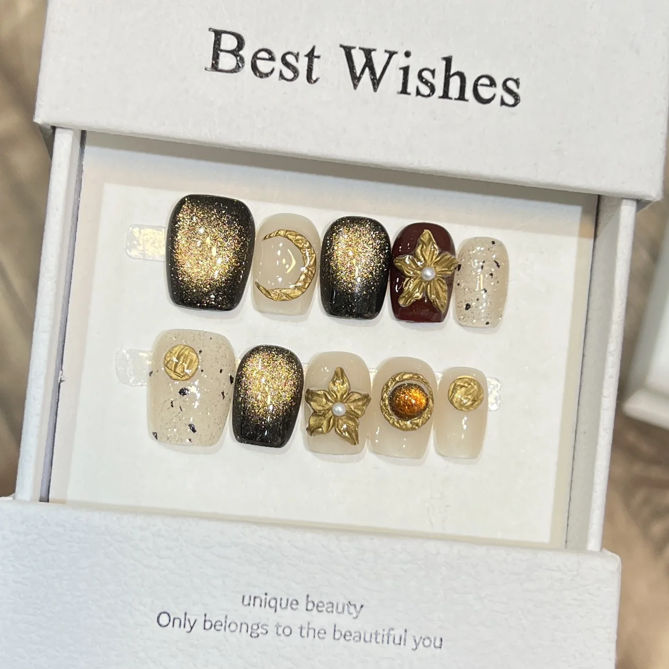 10 قطعة لطيف قصير مربع مستدير اليدوية يمكن ارتداؤها اضغط على الأظافر كاذبة عيون القط الماس الذهبي الإغاثة غطاء كامل مسمار فتاة هدية #2