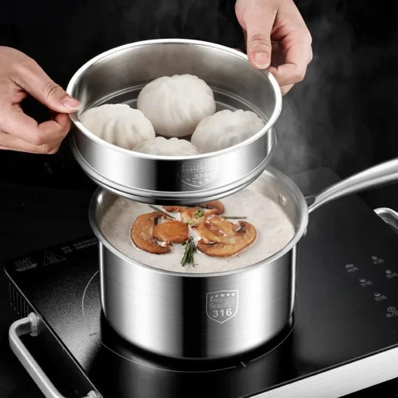 New 316 stainless steel soup pot with steamer for baby food cooking and milk boiling Soup and stock pot