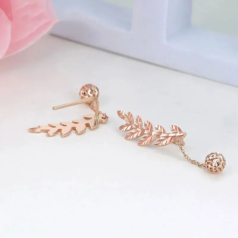585 purple gold romantic foliage ear studs 14K rose gold geometric round bead sweet drop earrings for women wedding high jewelry
