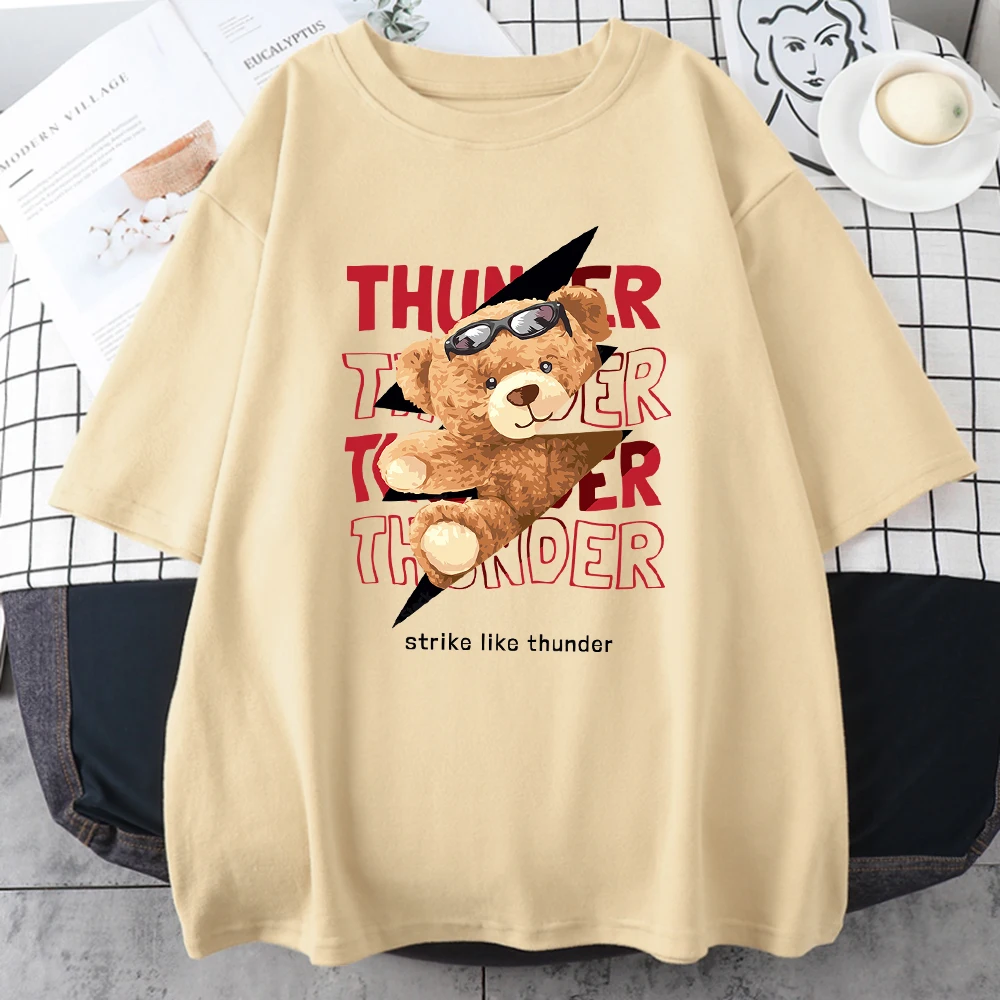 Teddy Bear Strike Like Thunder Man T Shirts Street Creative Tee Clothing Breathable Casual Cotton Tops Hip Hop Mens Short Sleeve