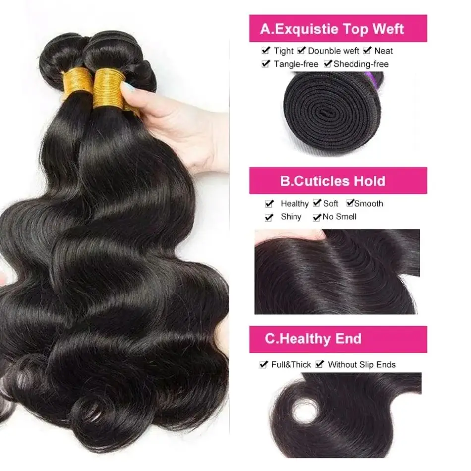 Body Wave Virgin Black Hair Weaving 3 4 Bundles Deal With Frontal 13x4 Thick Human Hair Weave Cuticle Black Color Hair bundle