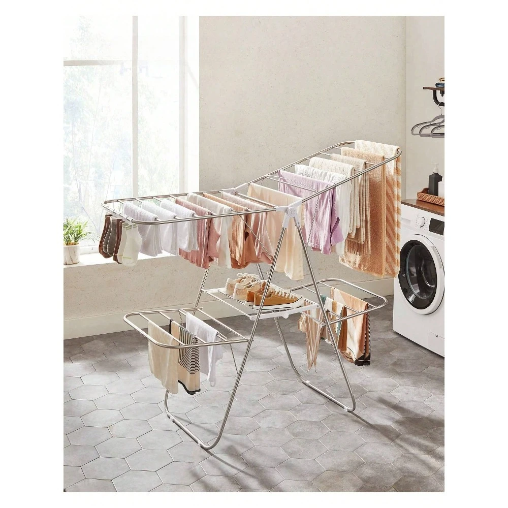 

Clothes Drying Rack, Foldable 2-Level Laundry Drying Rack, Free-Standing Large Drying Rack, With Height-Adjustable Wing