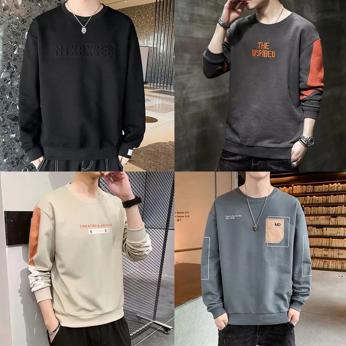 

Men's Long Sleeved Round Neck Fashionable Printed Letter Pattern Youth Casual Top T-shirt Autumn Winter