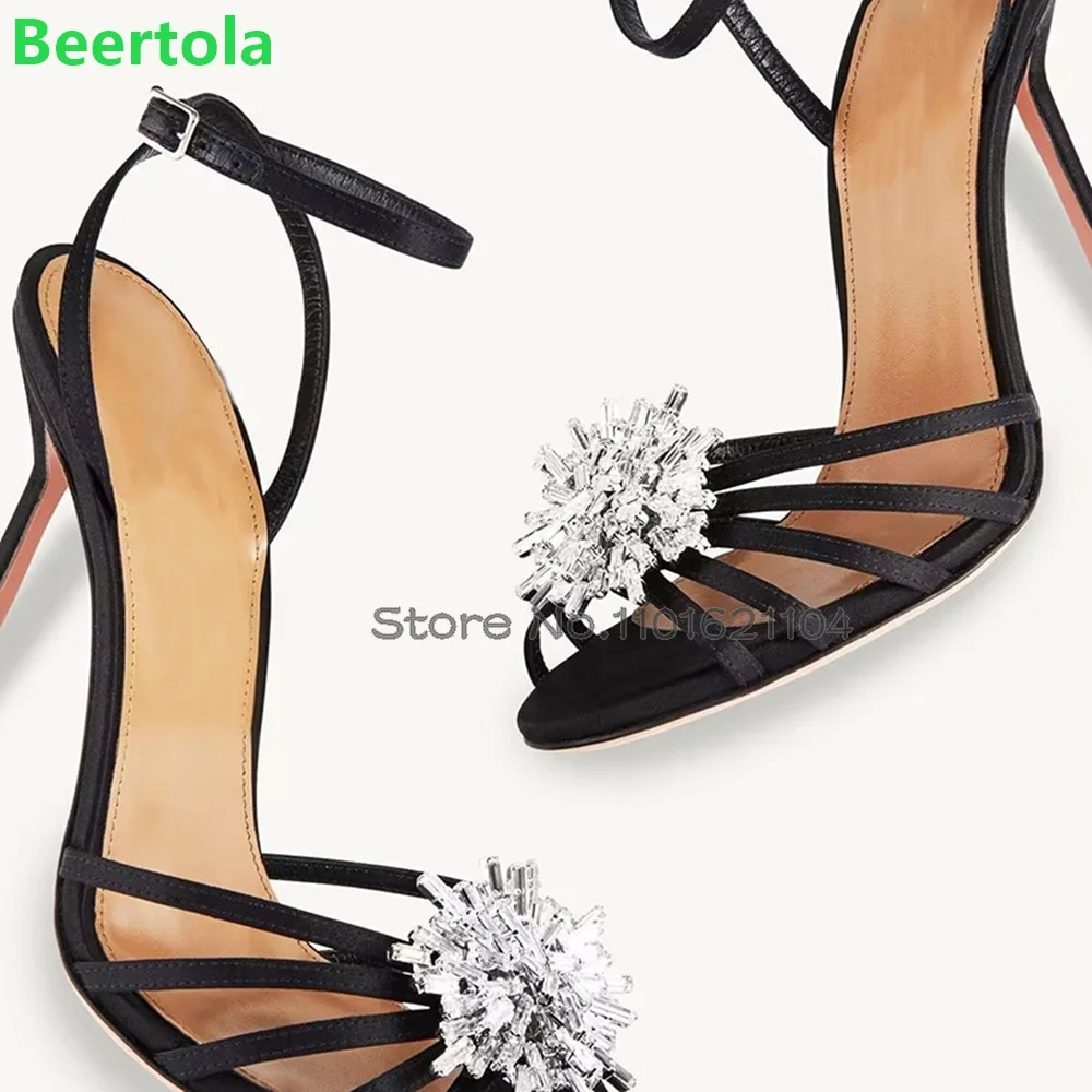 

Thin High Heel Crystal Flower Sandals For Female Women Peep Toe Ankle Buckle Strap Summer Sexy Slingback Luxury Dress Shoes