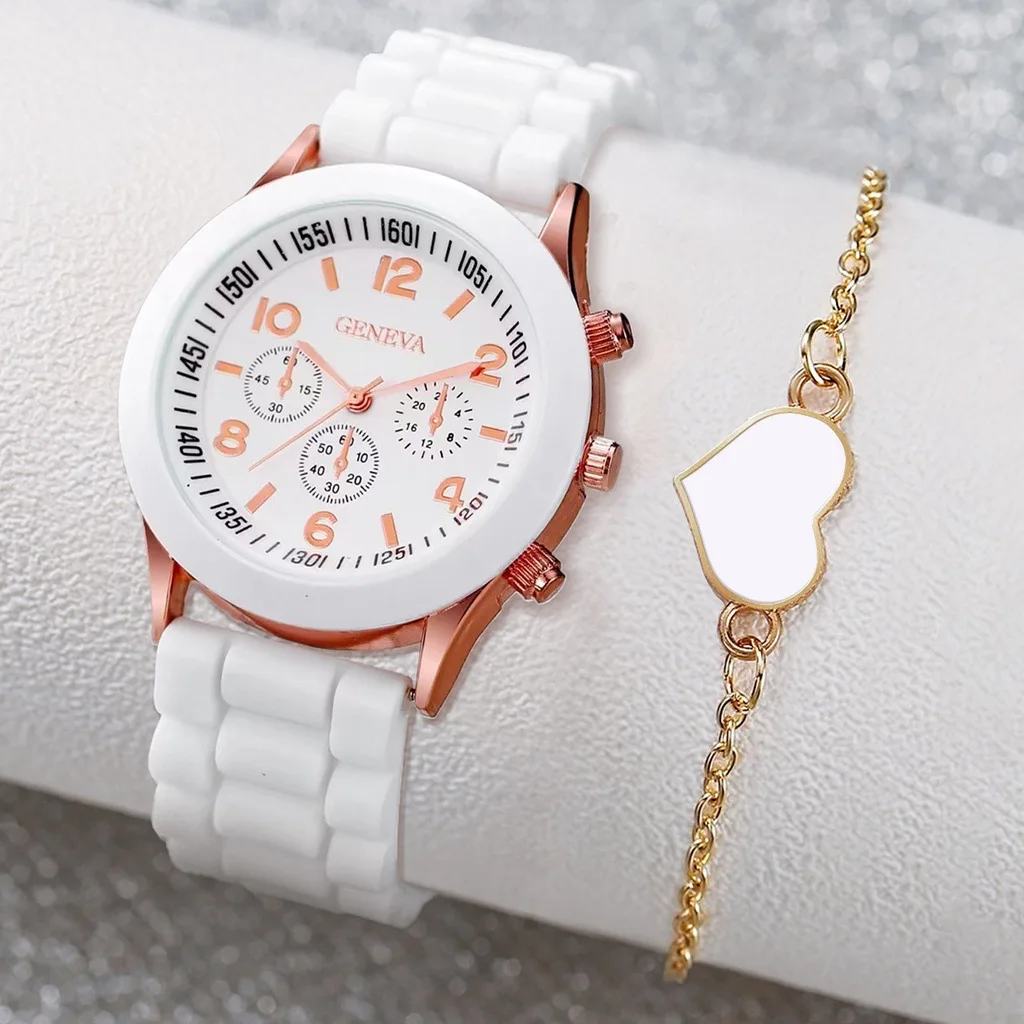 2Pcs Ladies Quartz Wristwatch Luxury Watch Set for Women Simple Casual Watches Bracelet Silicone Strap No Box Relojes Para Mujer