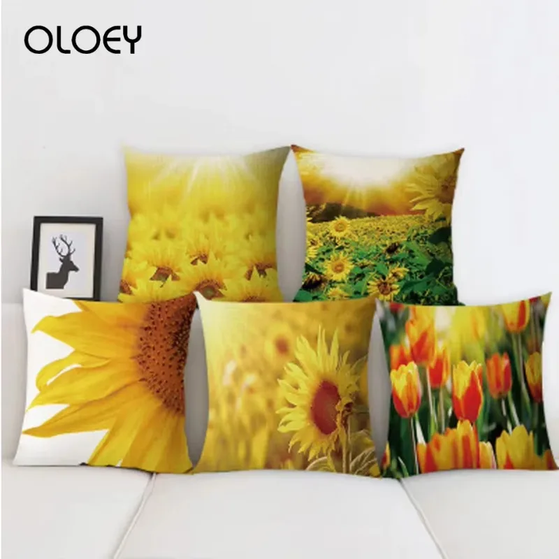 New Chinese Style Sunflower Chrysanthemum Linen Embroidery Pillow Nordic Hotel Model Room Home Embroidery Pillowcase 45x45cm  ..