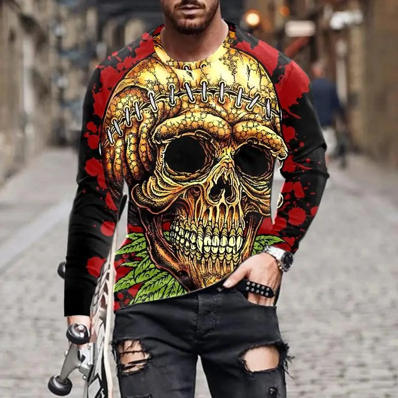 Men Floral Sugar Skull Rose Gothic Streetwear Long Sleeve Crew Neck Tee