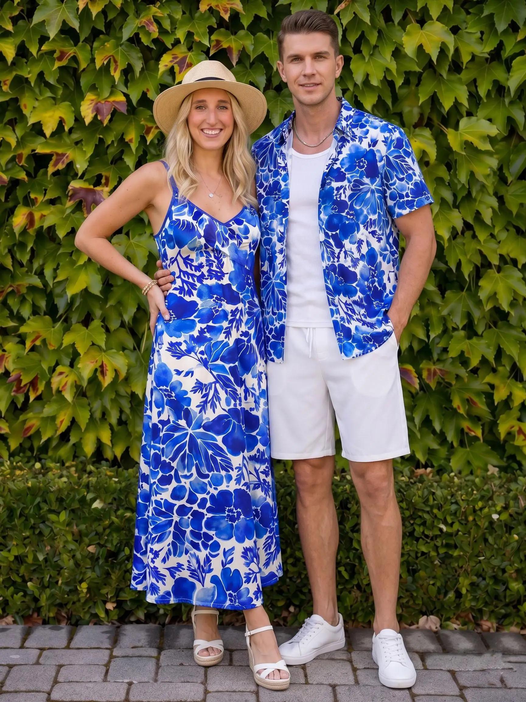 Conjunto azul para parejas, estampado de hojas y flores en acuarela, disfraz a juego para la playa de Hawái, camisa para hombre o vestido largo para mujer del mismo tipo