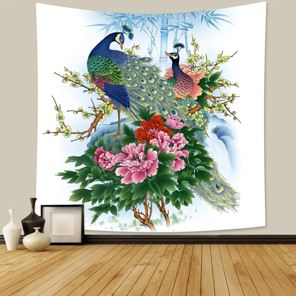 Peacock Tapestry Psychedelic Flower Cyan Beautiful Bird and Flower Hanging Curtain Aestheticism Decorations Bedroom Living Room